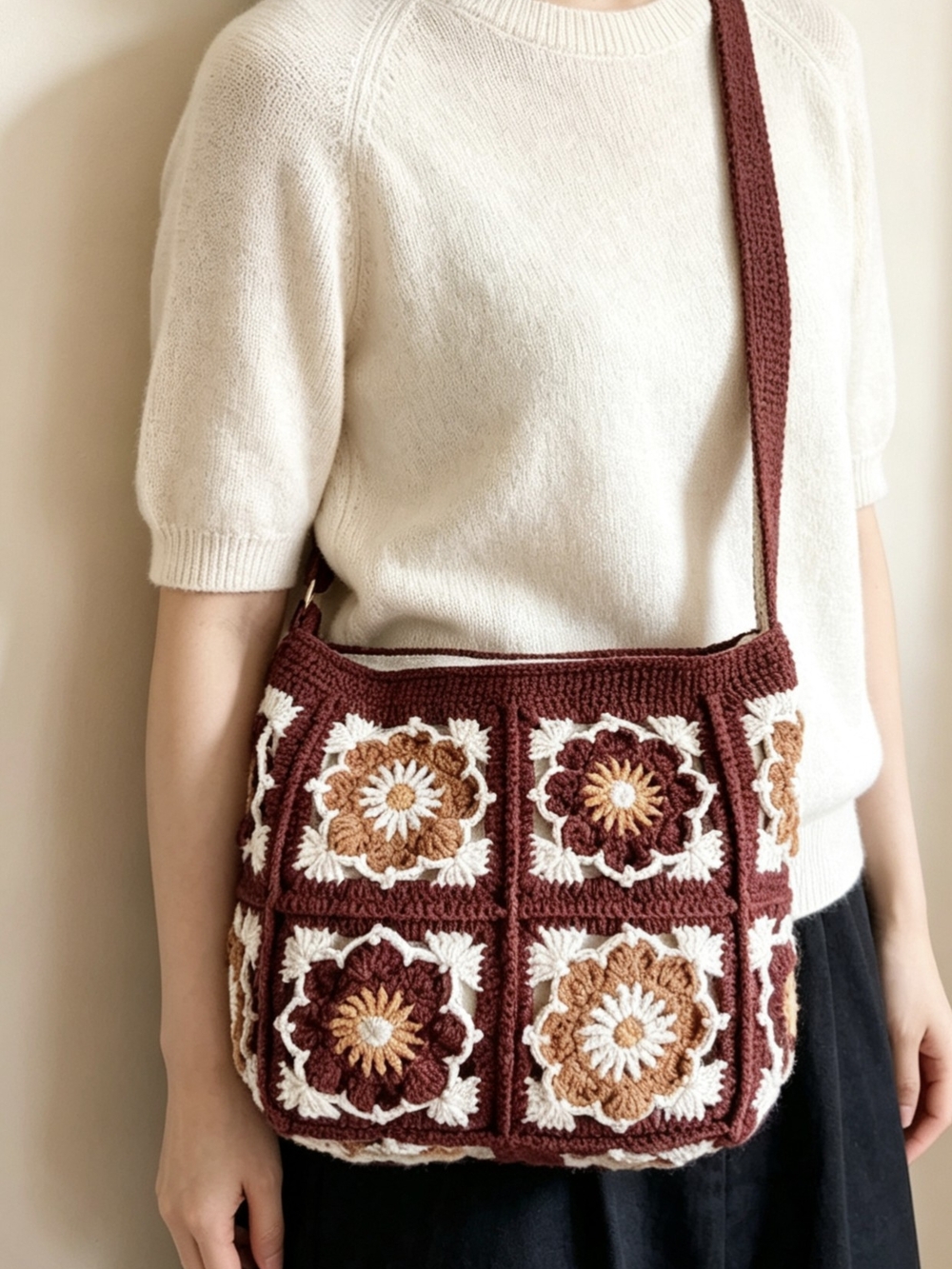 Handmade Crochet Granny Square Shoulder Bag, Boho Tote, Cottagecore Purse
